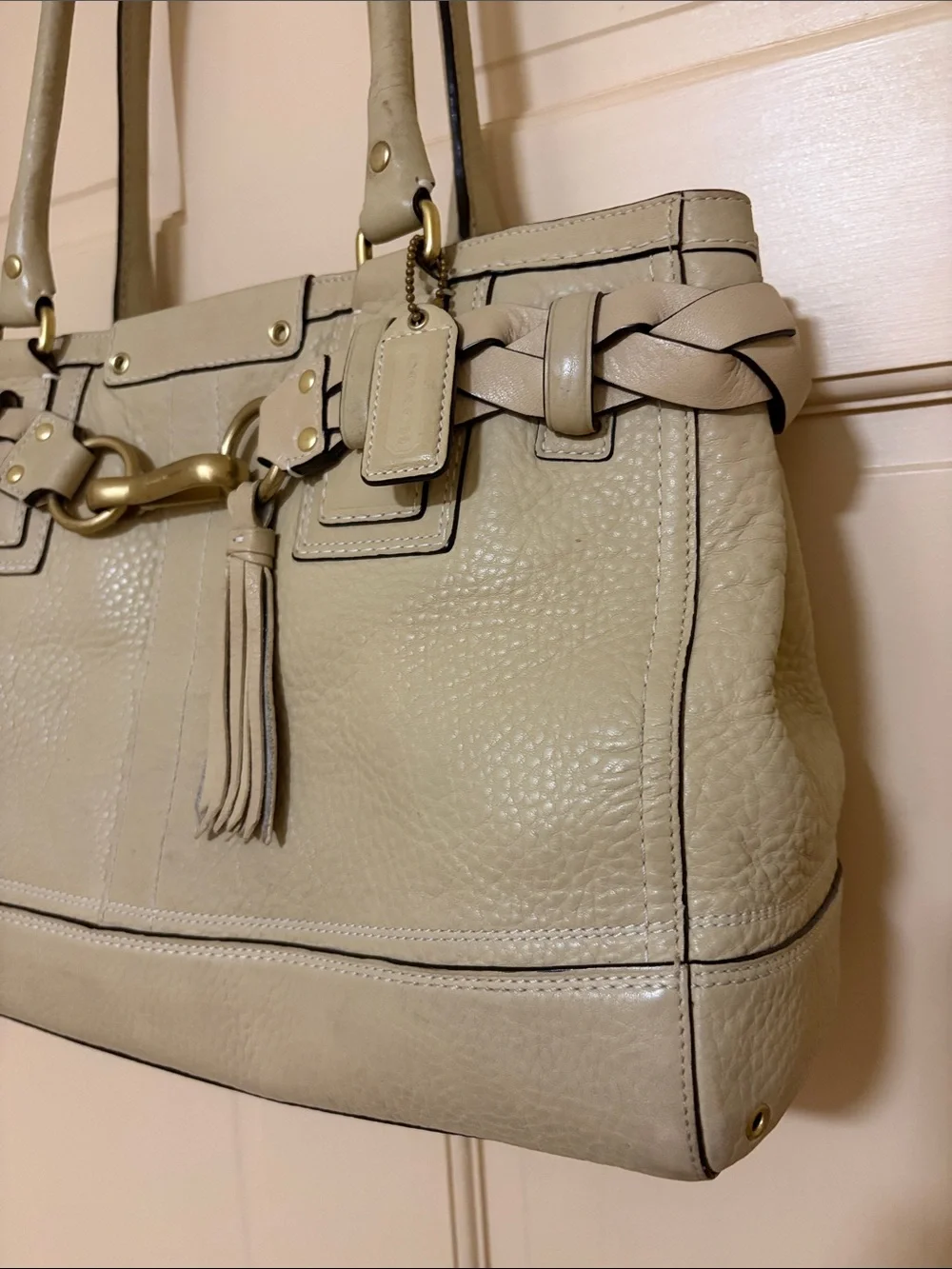 Coach Cream Leather Shoulder Tote with Braided Trim and Tassel